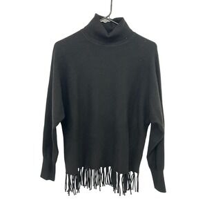 Boho Turtleneck Fringe Hem Sweater Large Black Western Chic Carmen Marc Valvo